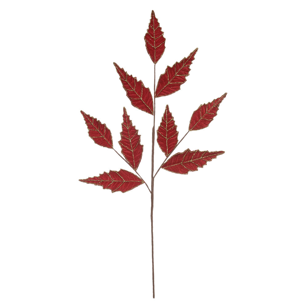 Folha Natal Aveludado x9 com Glitter 74cm Vermelho Flor Arte